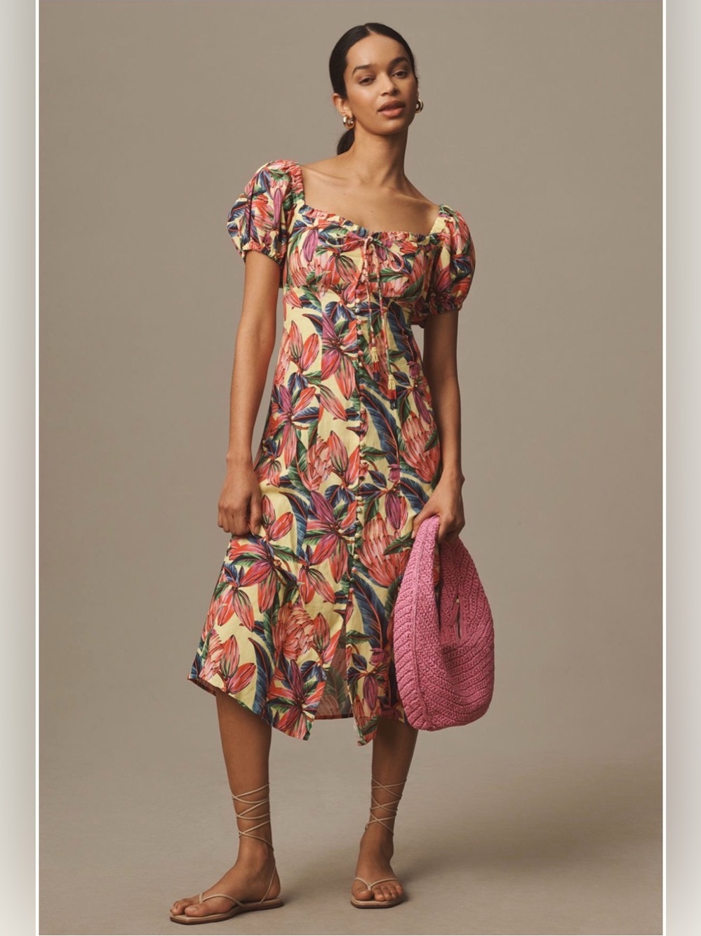 Farm Rio x Anthropologie Yellow Tropical Floral Puff-Sleeve Dress size M